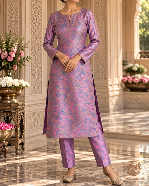 Mauve Banarasi Brocade Fabric With All Over Thread Handloom 24645