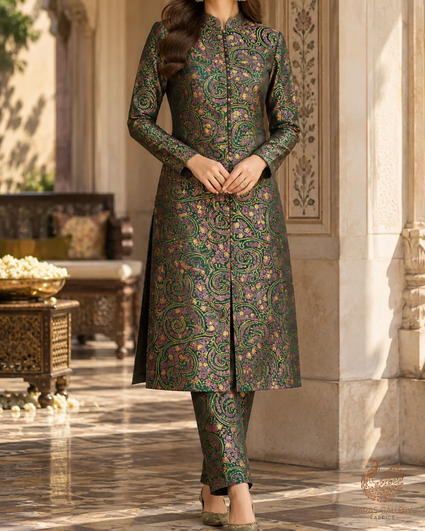 Green Banarasi Brocade Fabric With All Over Thread Handloom 24646