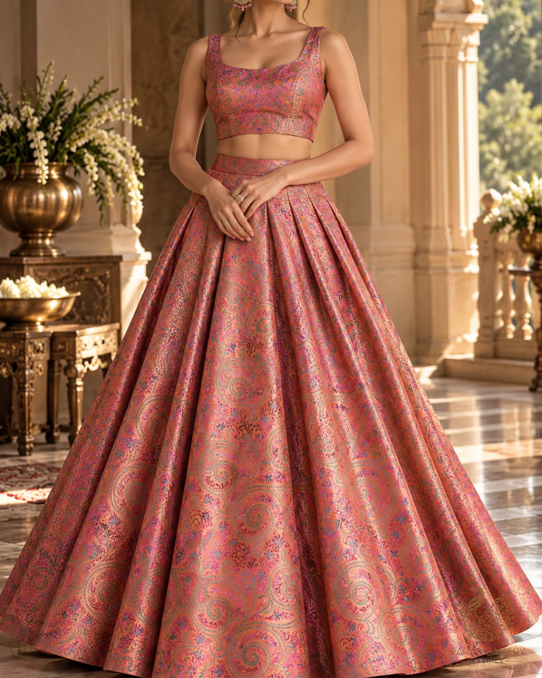 Rust Banarasi Brocade Fabric With All Over Thread Handloom 24647