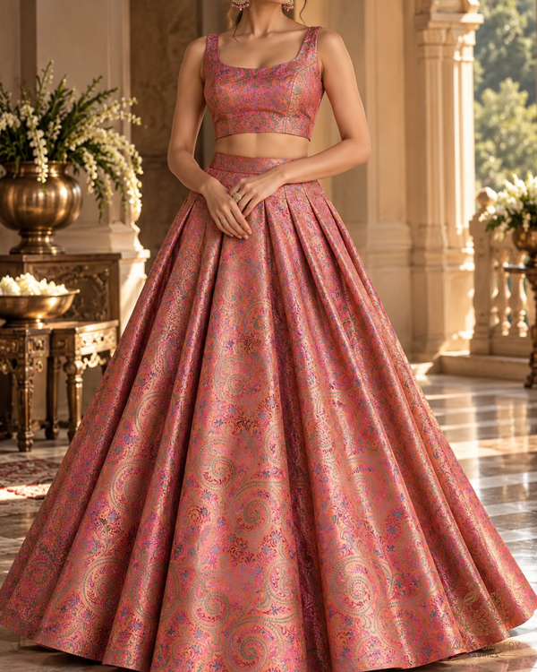 Rust Banarasi Brocade Fabric With All Over Thread Handloom 24647