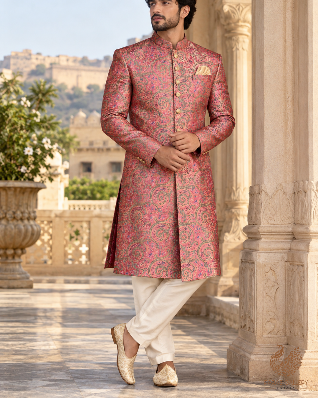 Rust Banarasi Brocade Fabric With All Over Thread Handloom 24647