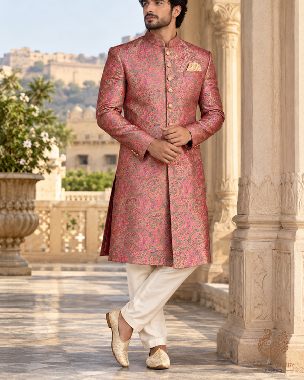 Rust Banarasi Brocade Fabric With All Over Thread Handloom 24647