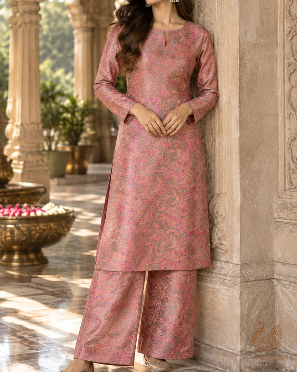 Rust Banarasi Brocade Fabric With All Over Thread Handloom 24647