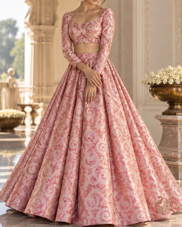 Peach Banarasi Brocade Fabric With All Over Thread Handloom 24648