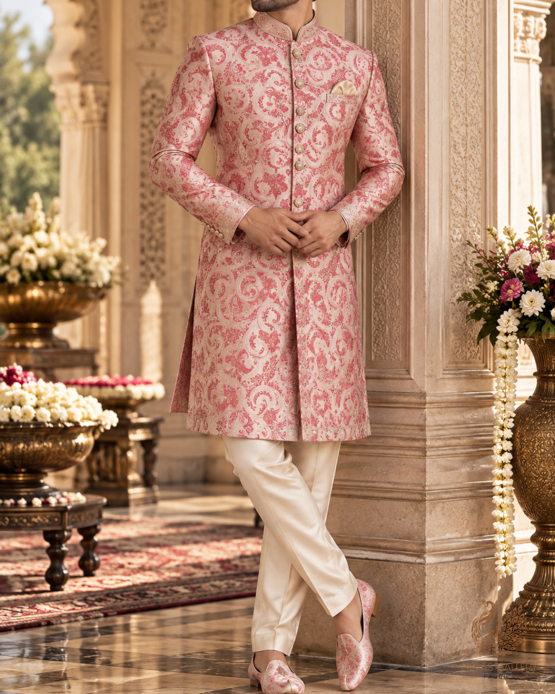 Peach Banarasi Brocade Fabric With All Over Thread Handloom 24648