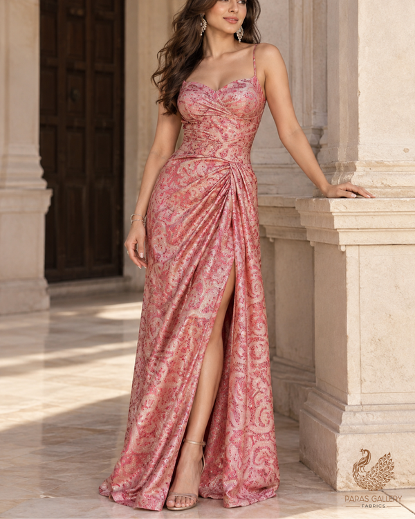 Peach Banarasi Brocade Fabric With All Over Thread Handloom 24648