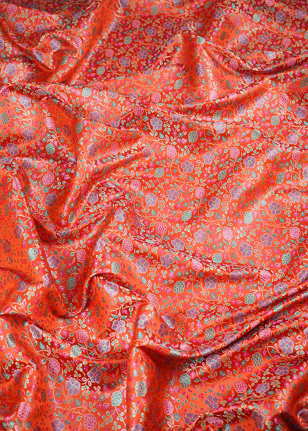 Orange Banarasi Brocade Fabric With All Over Thread And Zari Handloom 24649