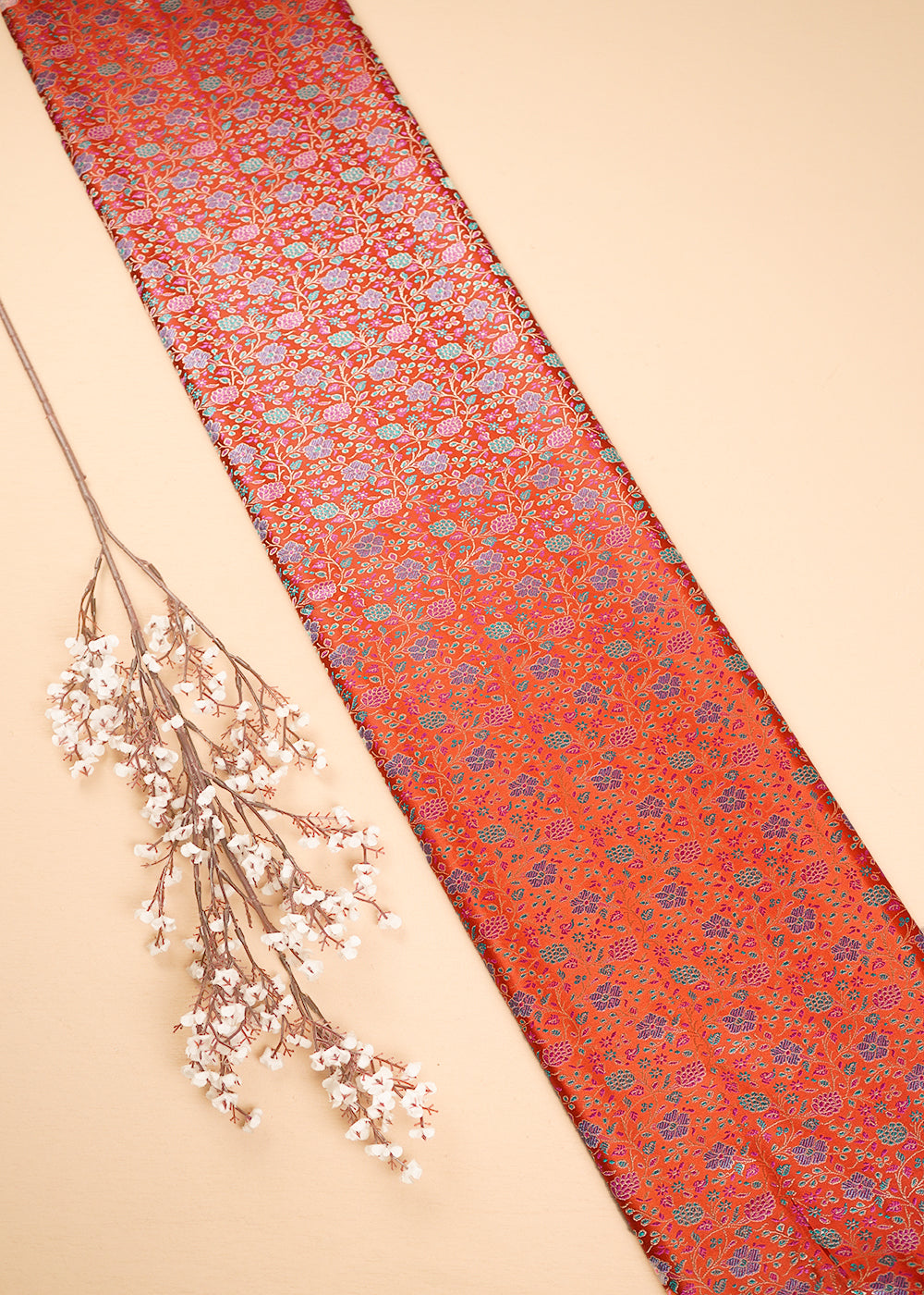 Orange Banarasi Brocade Fabric With All Over Thread And Zari Handloom 24649