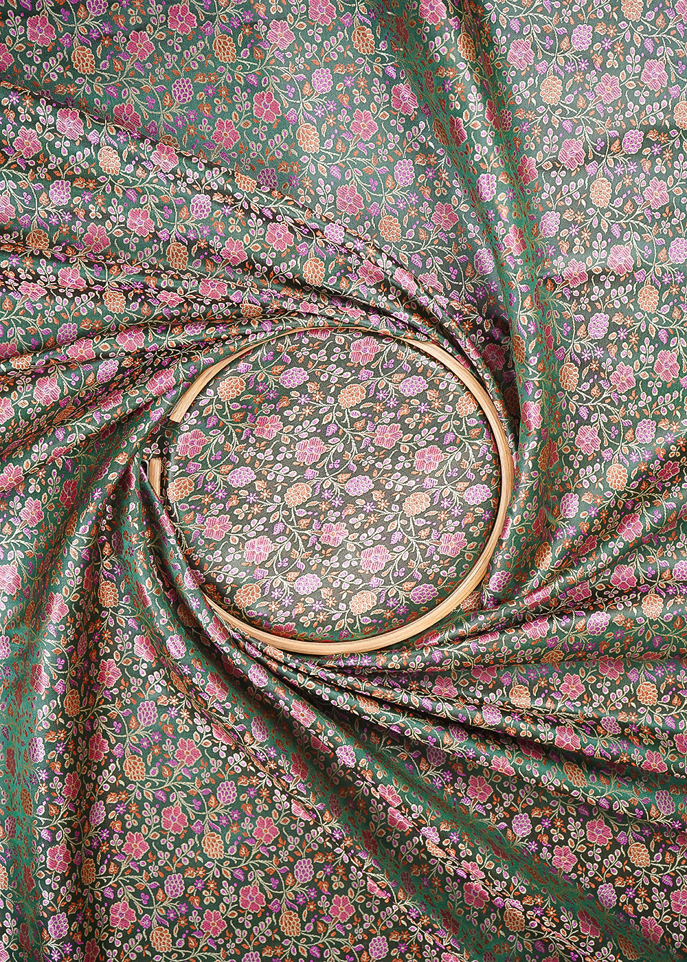 Bottle Green Banarasi Brocade Fabric With All Over Thread And Zari Handloom 24650