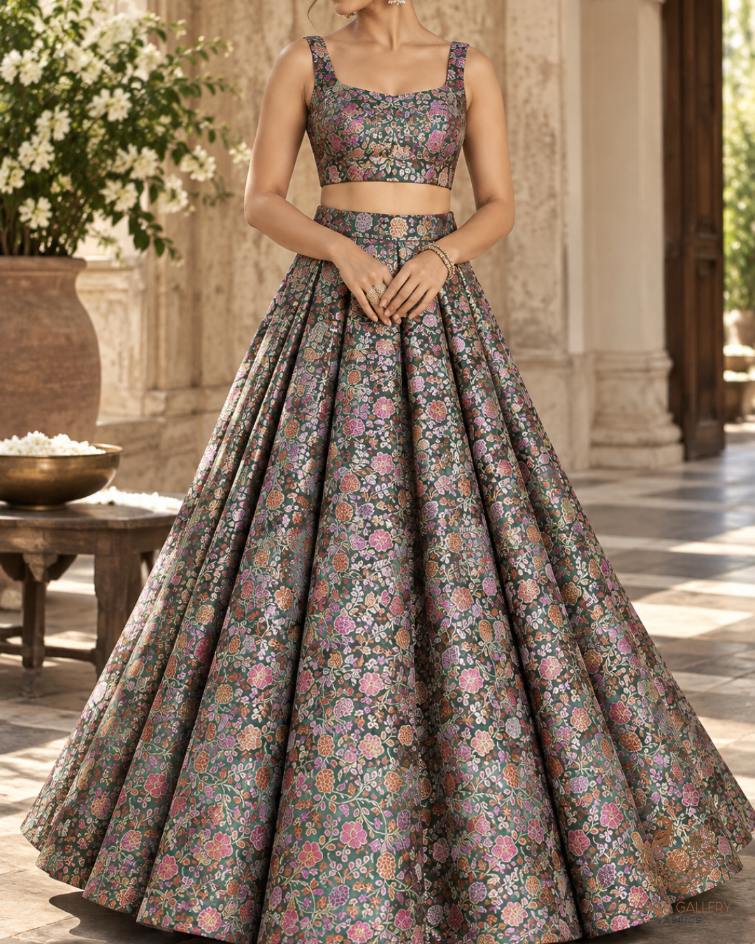 Bottle Green Banarasi Brocade Fabric With All Over Thread And Zari Handloom 24650