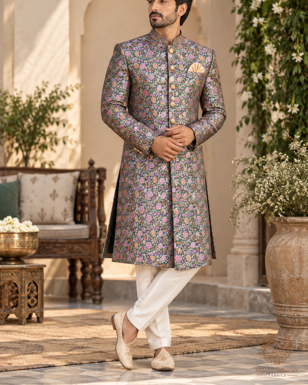 Bottle Green Banarasi Brocade Fabric With All Over Thread And Zari Handloom 24650
