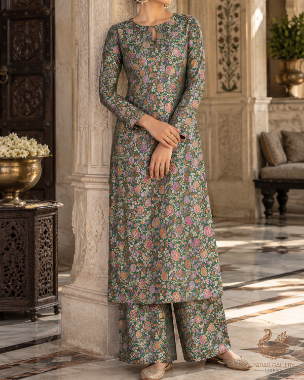 Bottle Green Banarasi Brocade Fabric With All Over Thread And Zari Handloom 24650