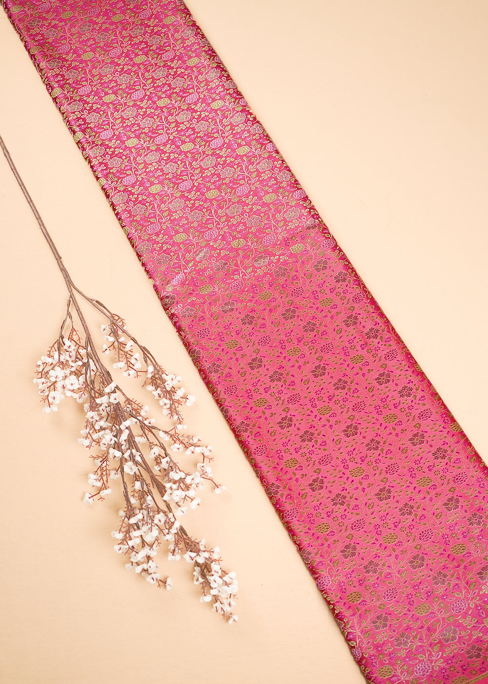 Pink Banarasi Brocade Fabric With All Over Thread And Zari Handloom 24651