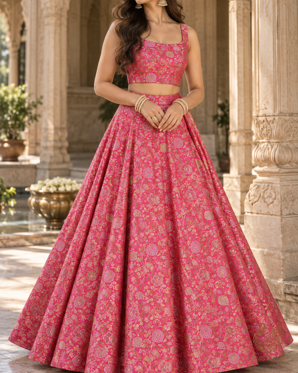 Pink Banarasi Brocade Fabric With All Over Thread And Zari Handloom 24651