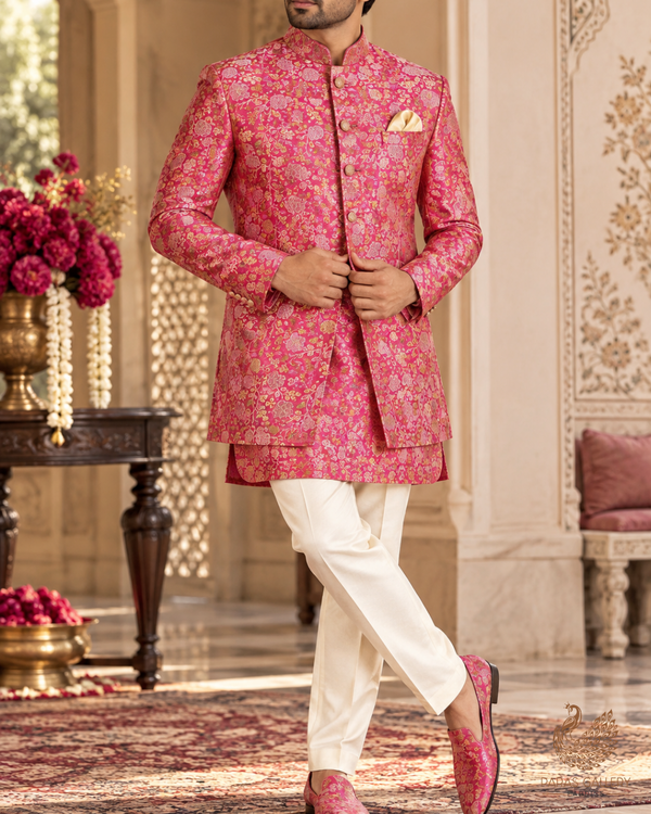Pink Banarasi Brocade Fabric With All Over Thread And Zari Handloom 24651
