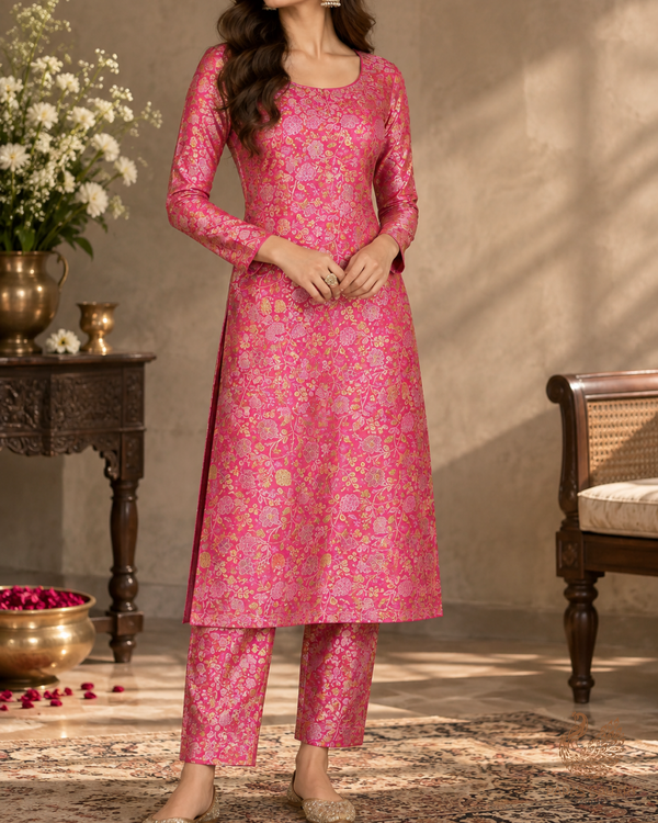 Pink Banarasi Brocade Fabric With All Over Thread And Zari Handloom 24651
