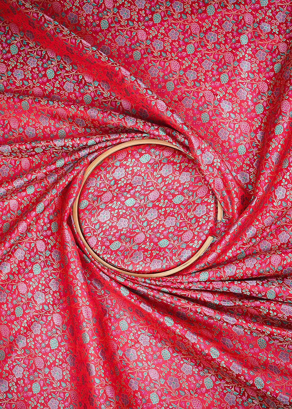 Red Banarasi Brocade Fabric With All Over Thread And Zari Handloom 24653