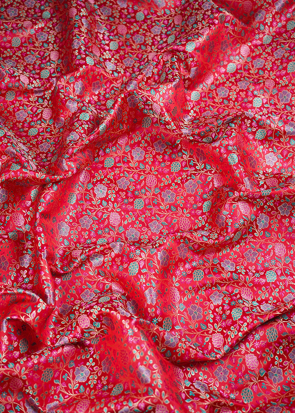 Red Banarasi Brocade Fabric With All Over Thread And Zari Handloom 24653