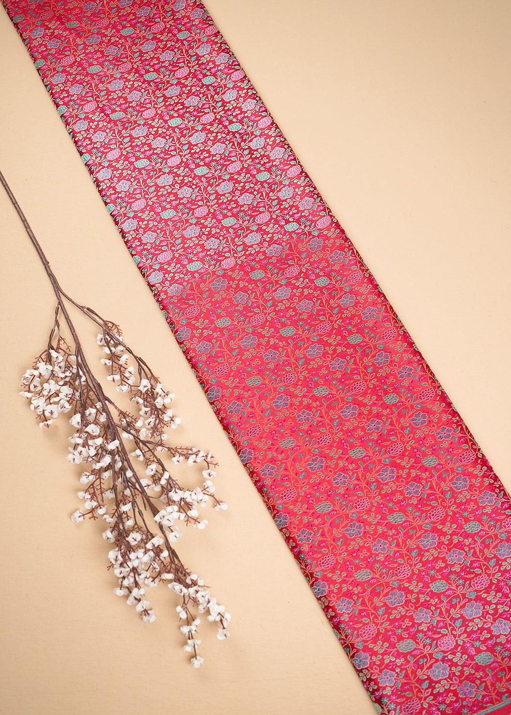 Red Banarasi Brocade Fabric With All Over Thread And Zari Handloom 24653