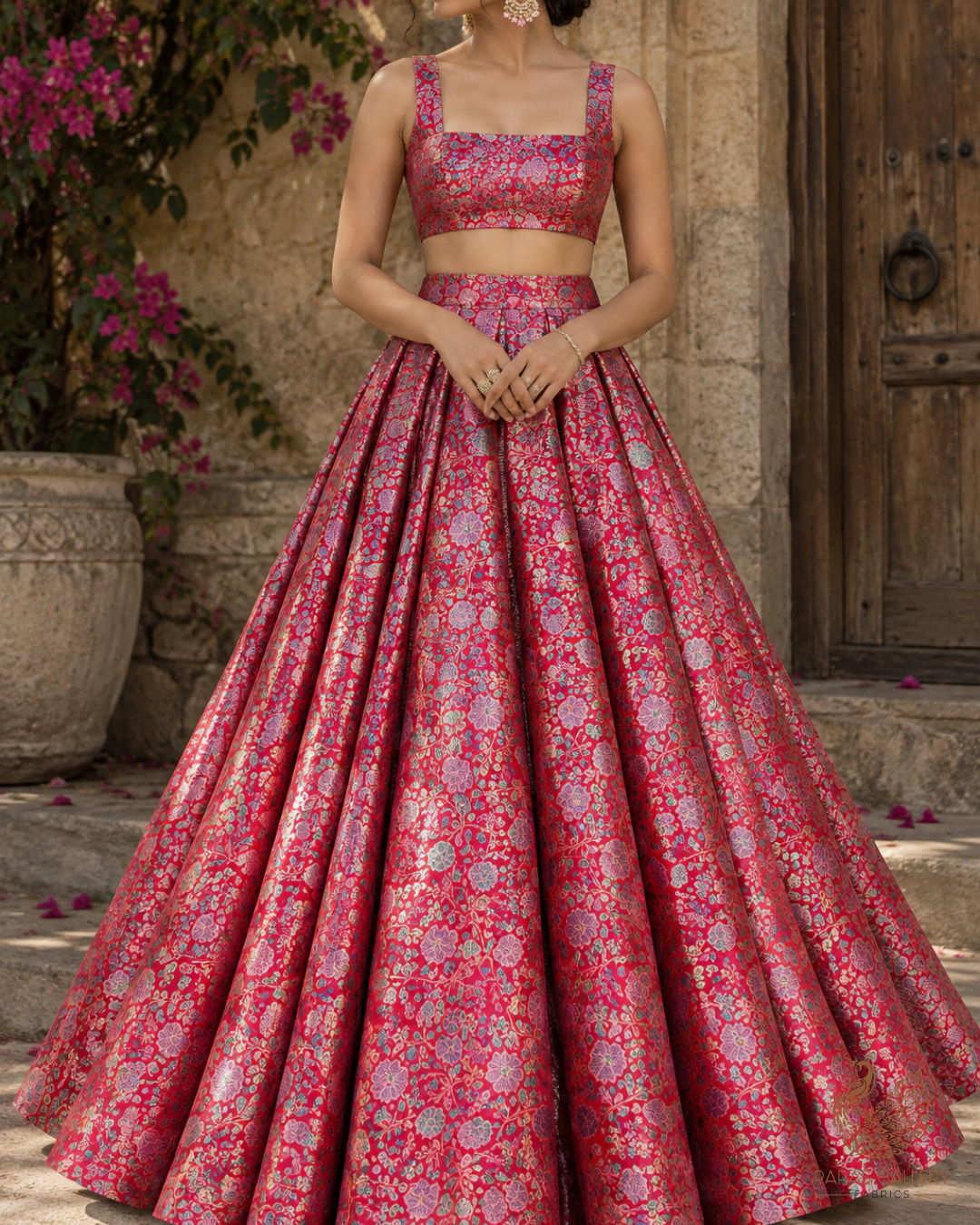Red Banarasi Brocade Fabric With All Over Thread And Zari Handloom 24653