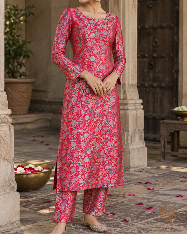 Red Banarasi Brocade Fabric With All Over Thread And Zari Handloom 24653