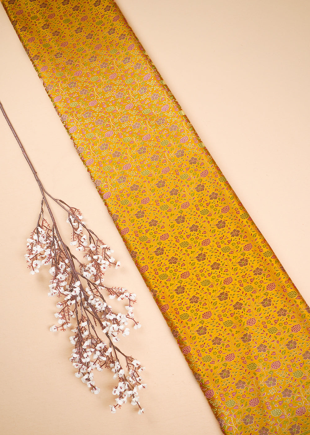 Mustard Banarasi Brocade Fabric With All Over Thread And Zari Handloom 24654