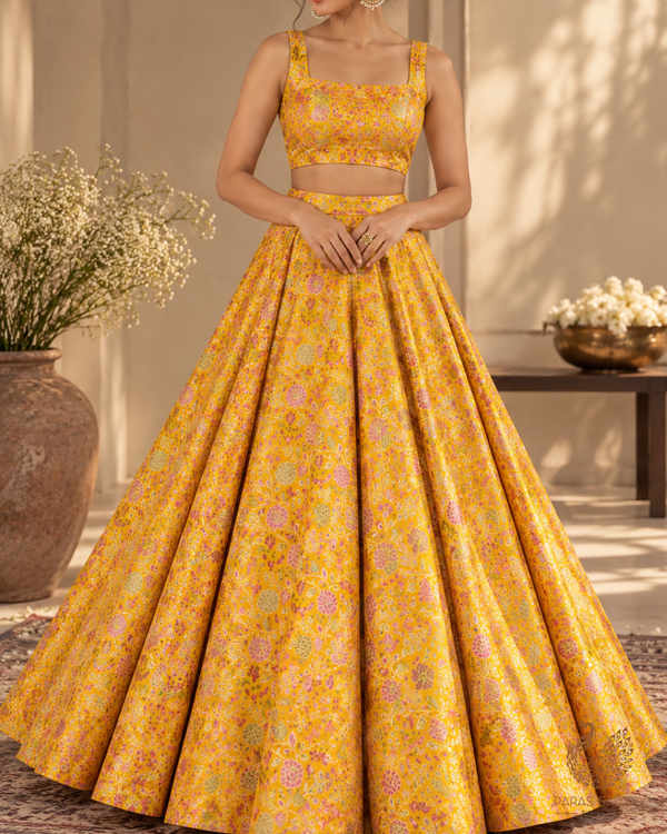 Mustard Banarasi Brocade Fabric With All Over Thread And Zari Handloom 24654