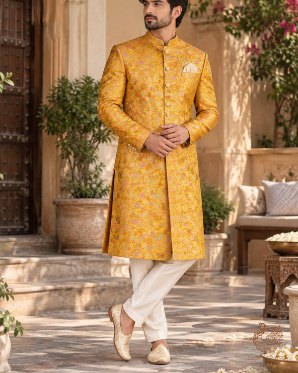 Mustard Banarasi Brocade Fabric With All Over Thread And Zari Handloom 24654