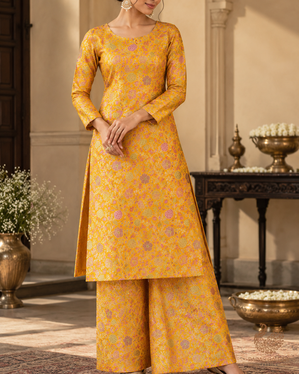 Mustard Banarasi Brocade Fabric With All Over Thread And Zari Handloom 24654