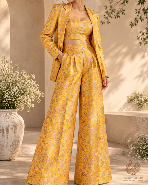 Mustard Banarasi Brocade Fabric With All Over Thread And Zari Handloom 24654