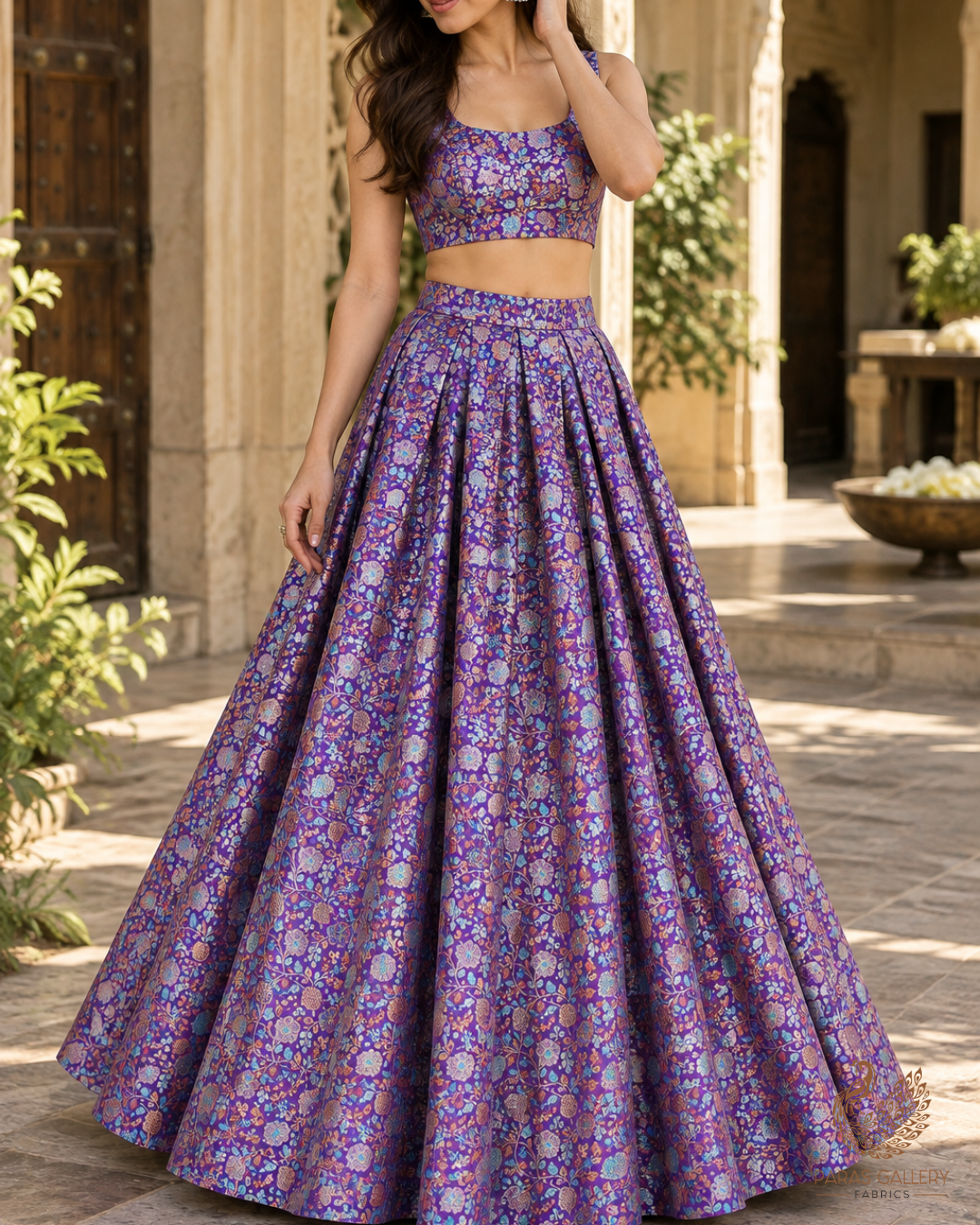 Purple Banarasi Brocade Fabric With All Over Thread And Zari Handloom 24655