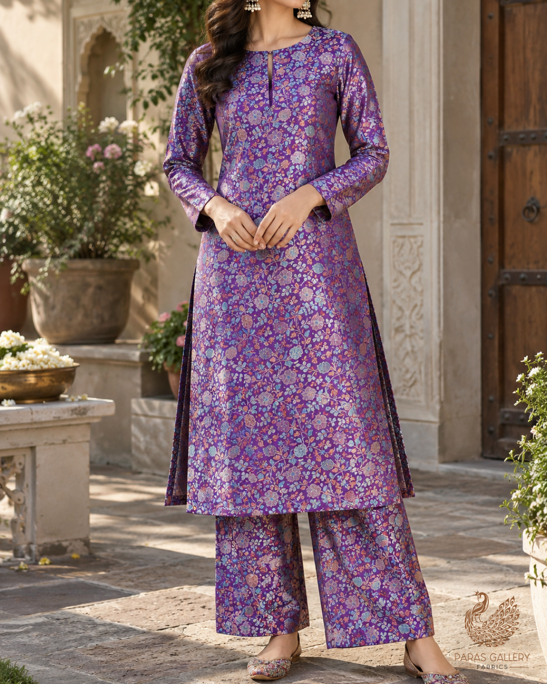 Purple Banarasi Brocade Fabric With All Over Thread And Zari Handloom 24655