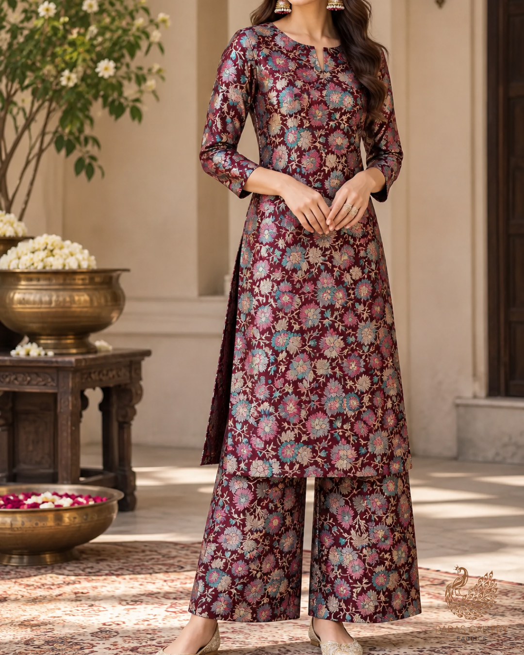 Wine Banarasi Brocade Fabric With All Over Thread Handloom 24656