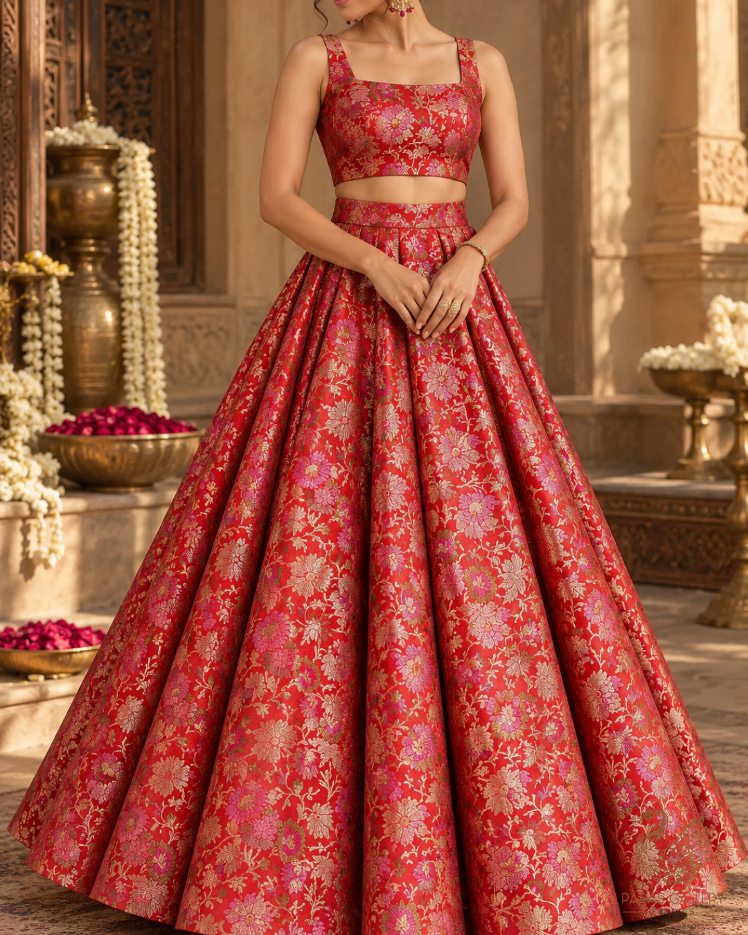 Red Banarasi Brocade Fabric With All Over Thread Handloom 24659