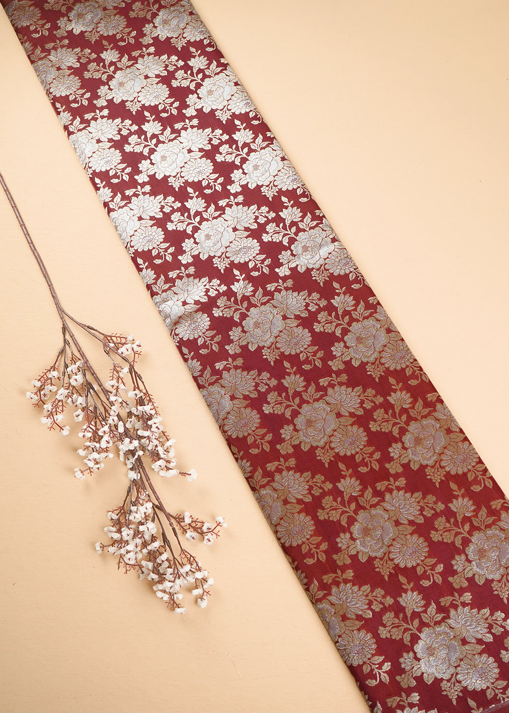 Wine Banarasi Brocade Fabric With All Over Zari Handloom 24660