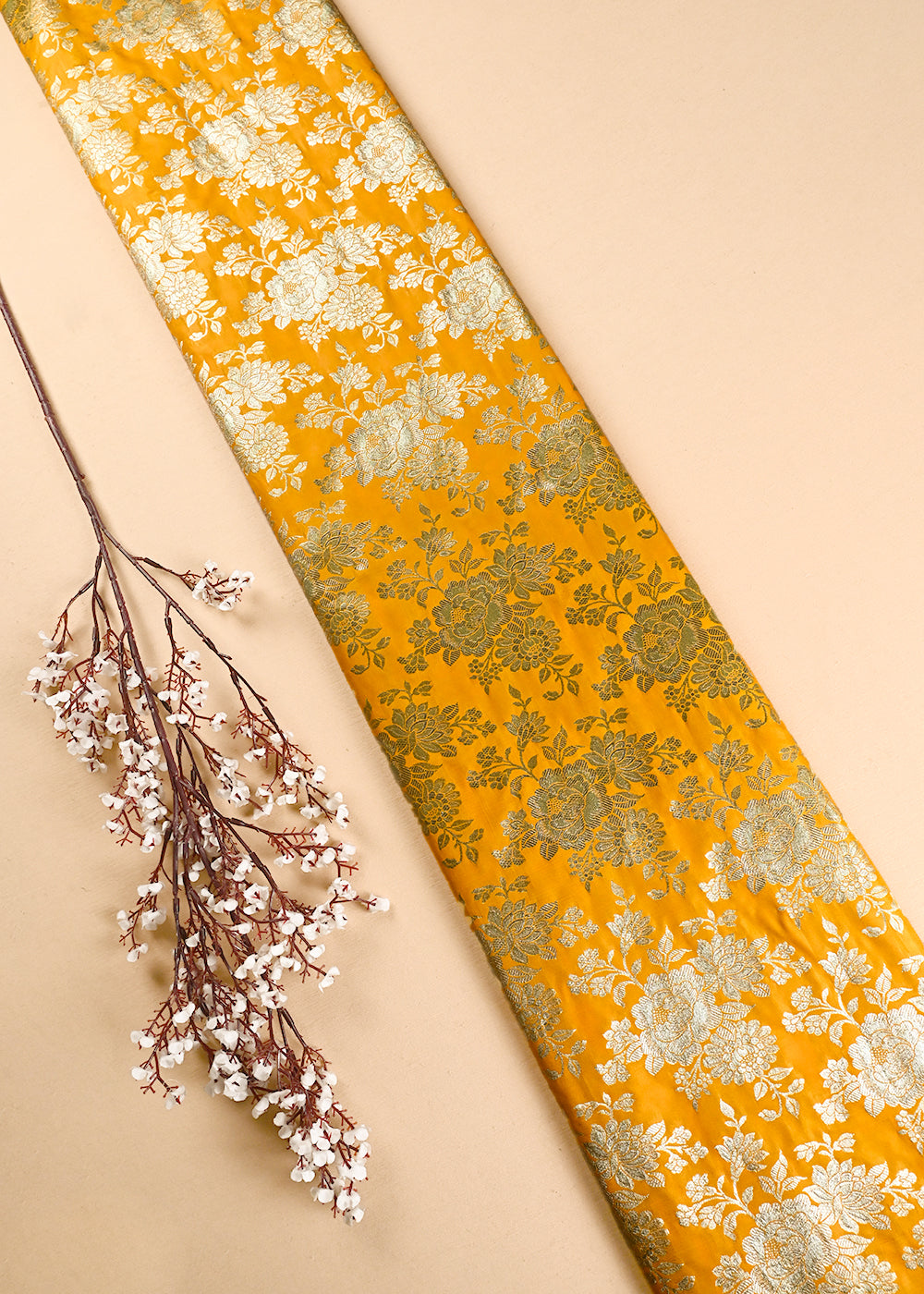Yellow Banarasi Brocade Fabric With All Over Zari Handloom 24661