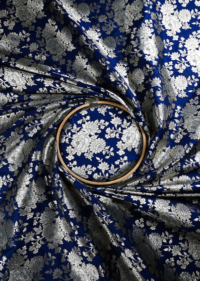 Navy Blue Banarasi Brocade Fabric With All Over Zari Handloom 24662