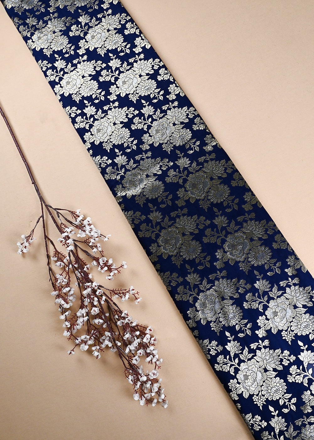 Navy Blue Banarasi Brocade Fabric With All Over Zari Handloom 24662