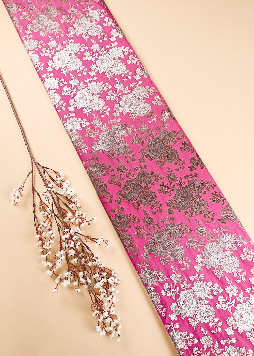 Pink Banarasi Brocade Fabric With All Over Zari Handloom 24664