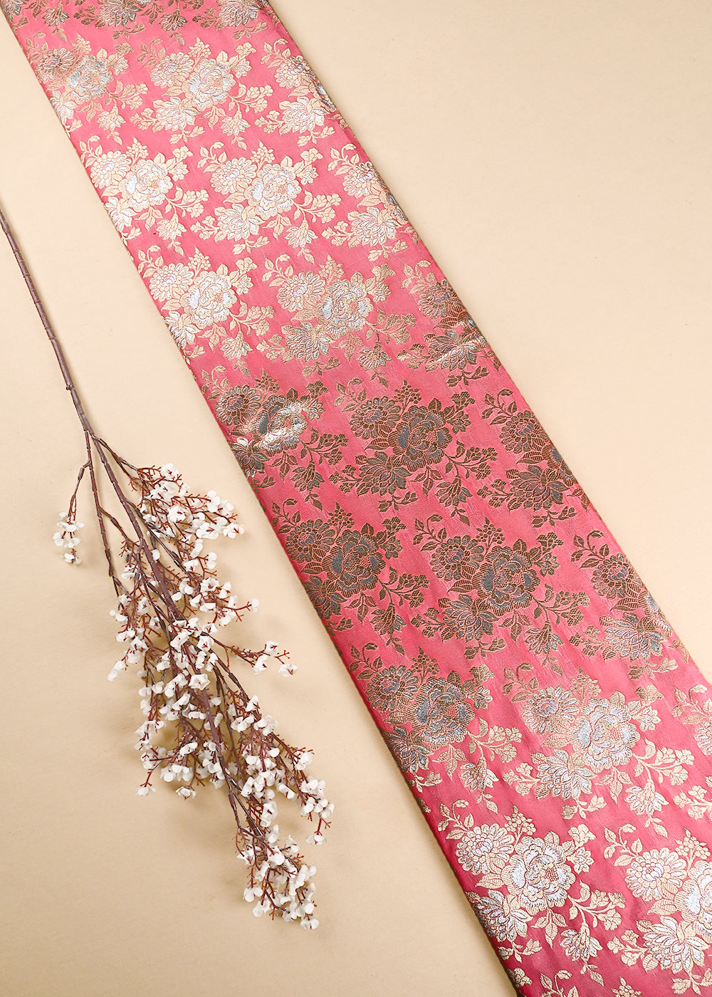 Pink Banarasi Brocade Fabric With All Over Zari Handloom 24665