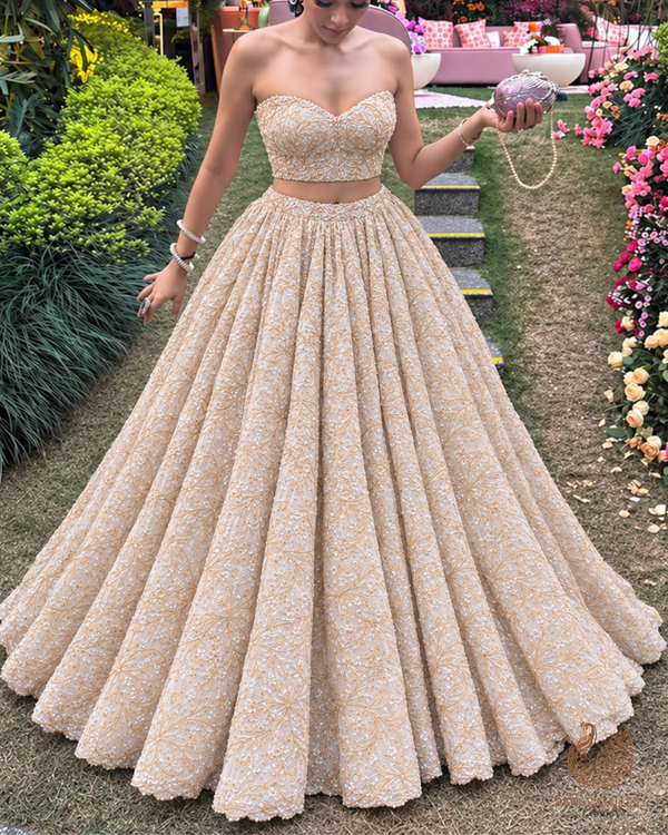 White Organza Fabric With All Over Sequins, Katdana And Bead Work & Gold Foil Work Flowers 24667
