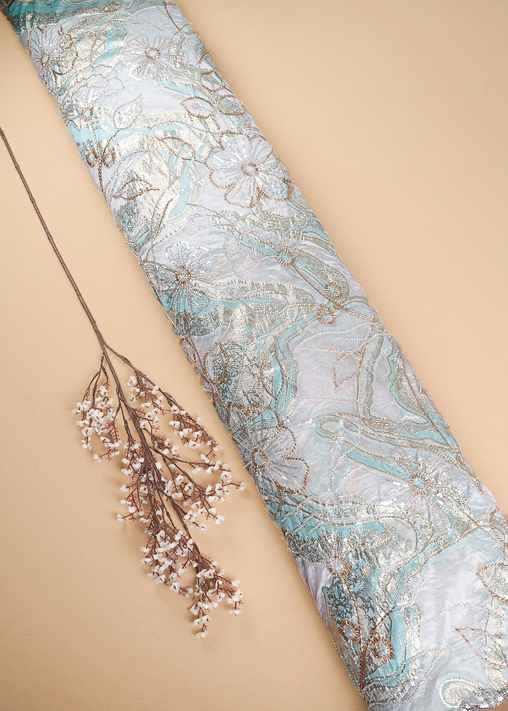 White Organza Fabric With All Over Sequins, Katdana And Bead Work & Sky Blue Foil Work Flowers 24668