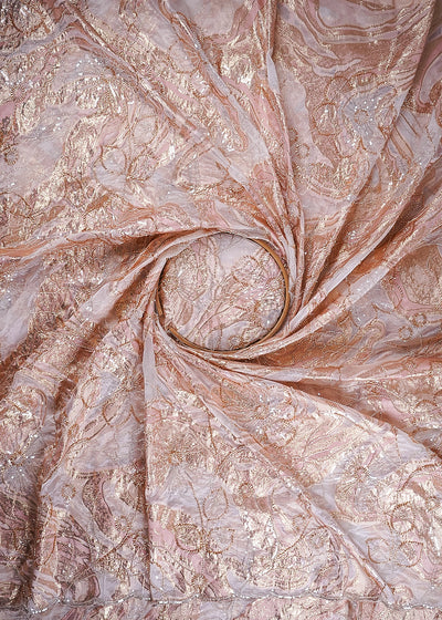 White Organza Fabric With All Over Sequins, Katdana And Bead Work & Pink Foil Work Flowers 24669