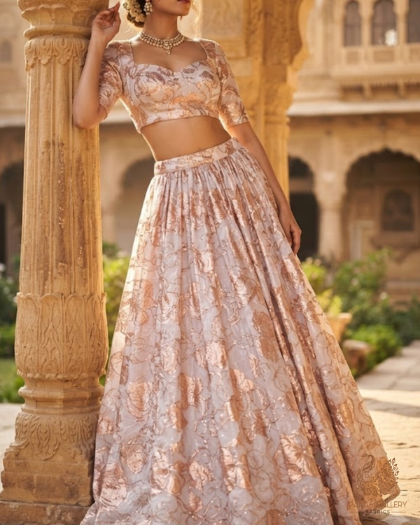 White Organza Fabric With All Over Sequins, Katdana And Bead Work & Pink Foil Work Flowers 24669