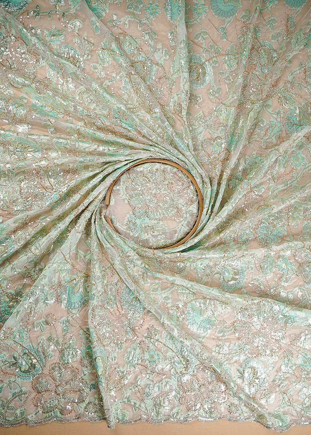 White Organza Fabric With All Over Sequins, Katdana And Bead Work & Green Foil Work Flowers 24671