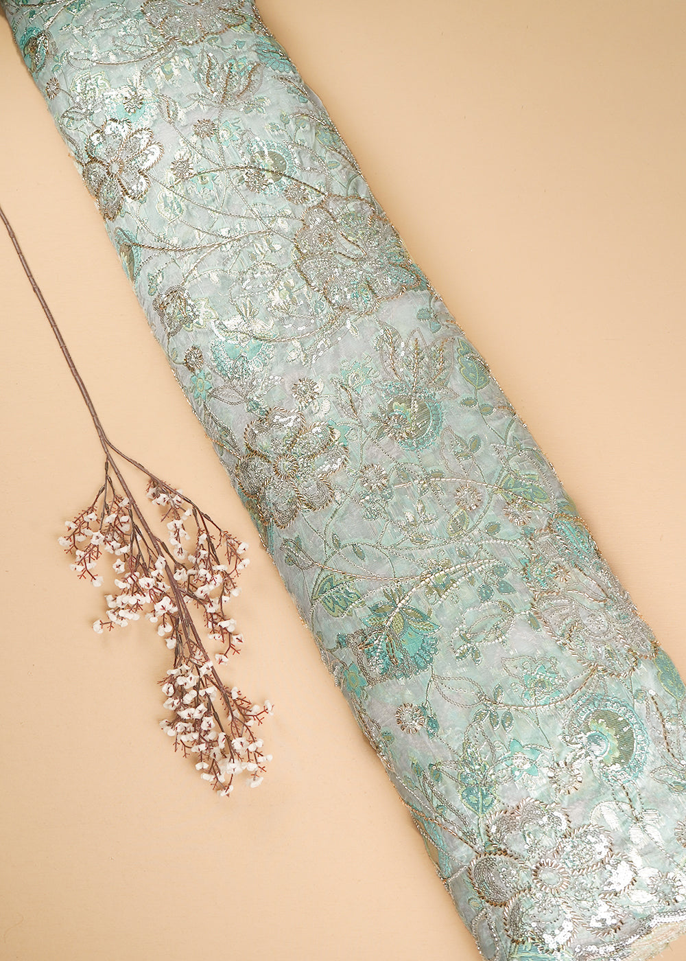 White Organza Fabric With All Over Sequins, Katdana And Bead Work & Green Foil Work Flowers 24671
