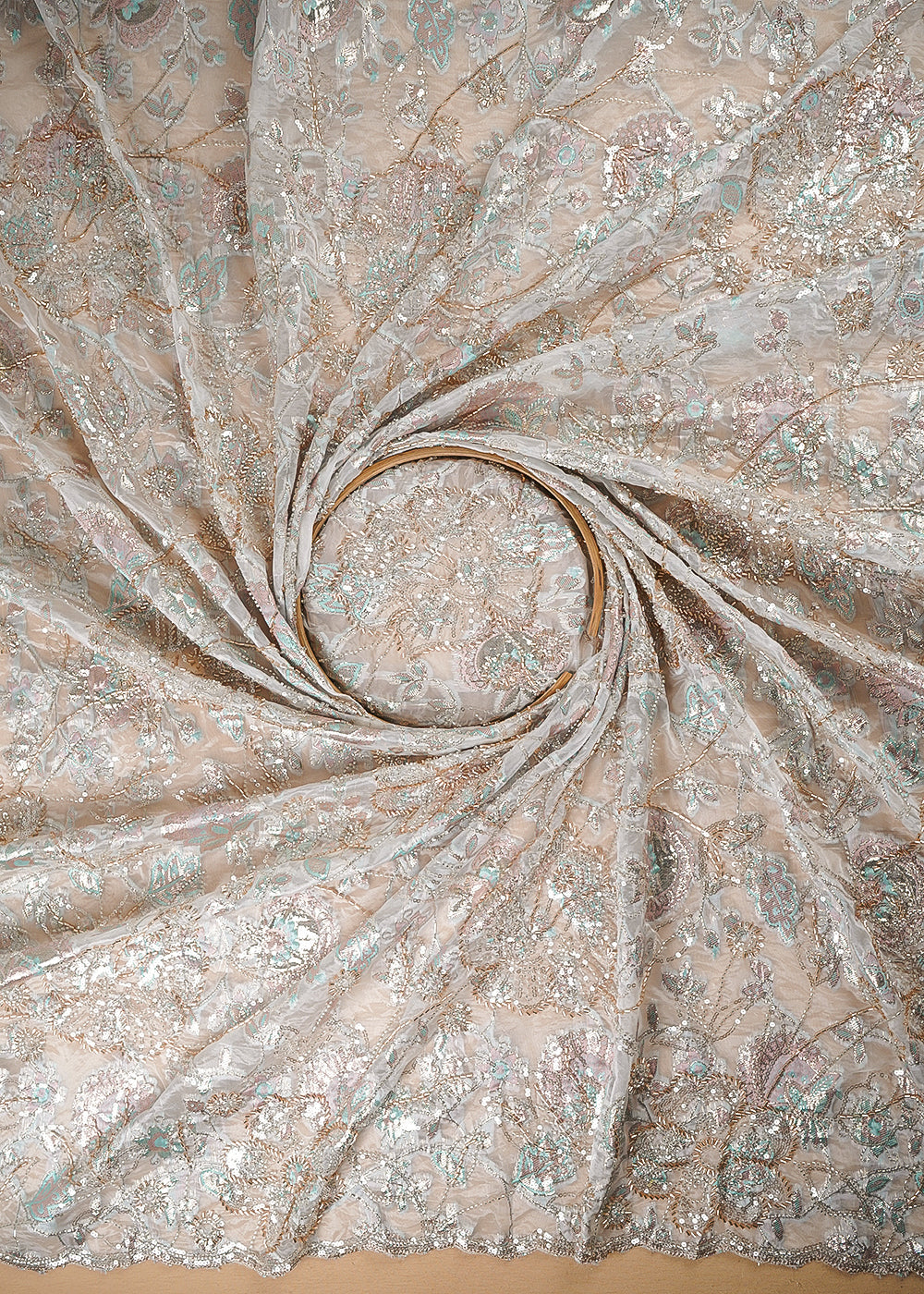White Organza Fabric With All Over Sequins, Katdana And Bead Work & Pink Foil Work Flowers 24672
