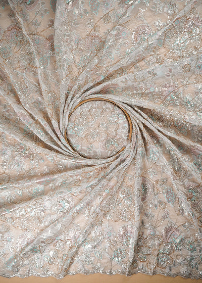 White Organza Fabric With All Over Sequins, Katdana And Bead Work & Pink Foil Work Flowers 24672