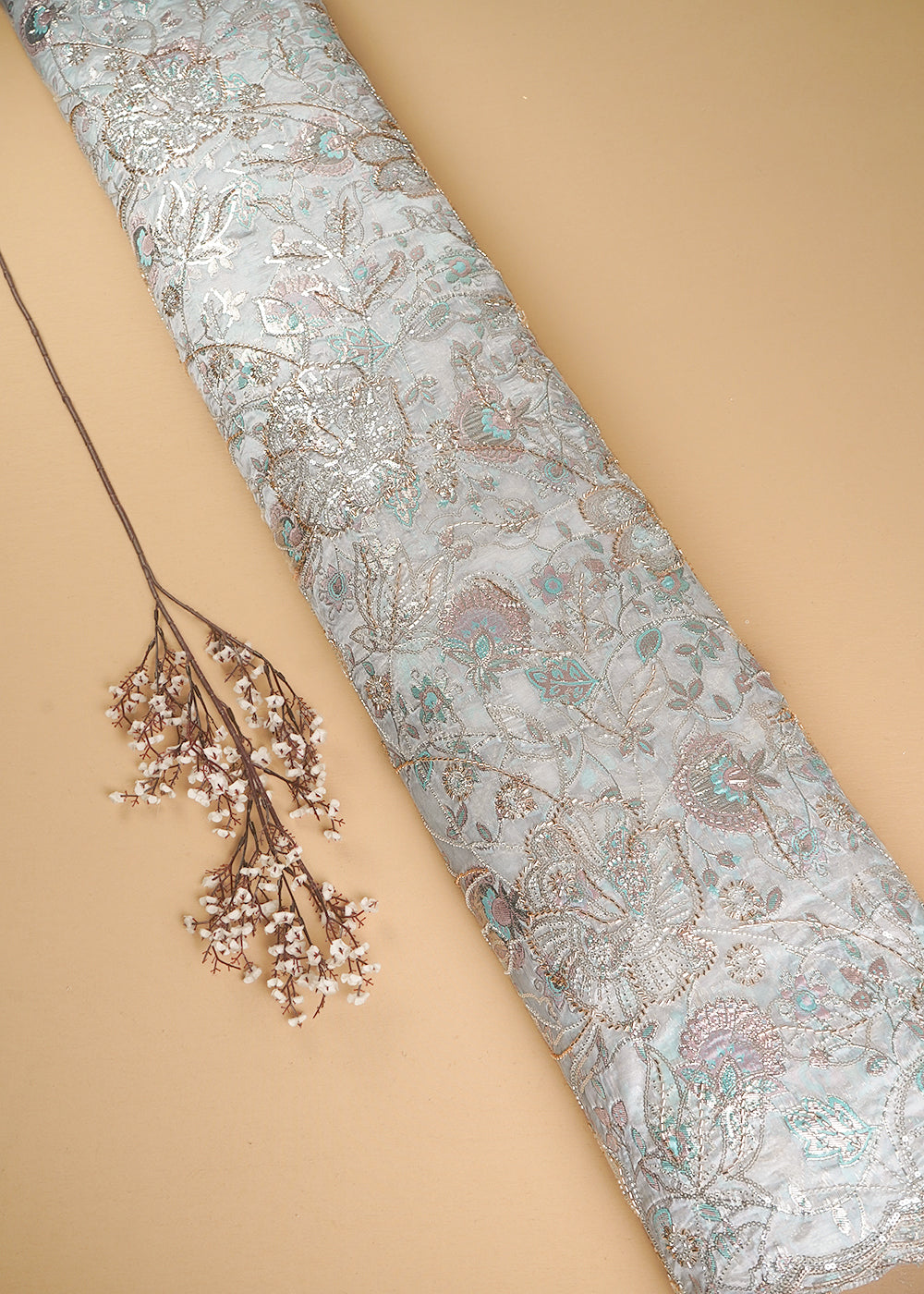 White Organza Fabric With All Over Sequins, Katdana And Bead Work & Pink Foil Work Flowers 24672