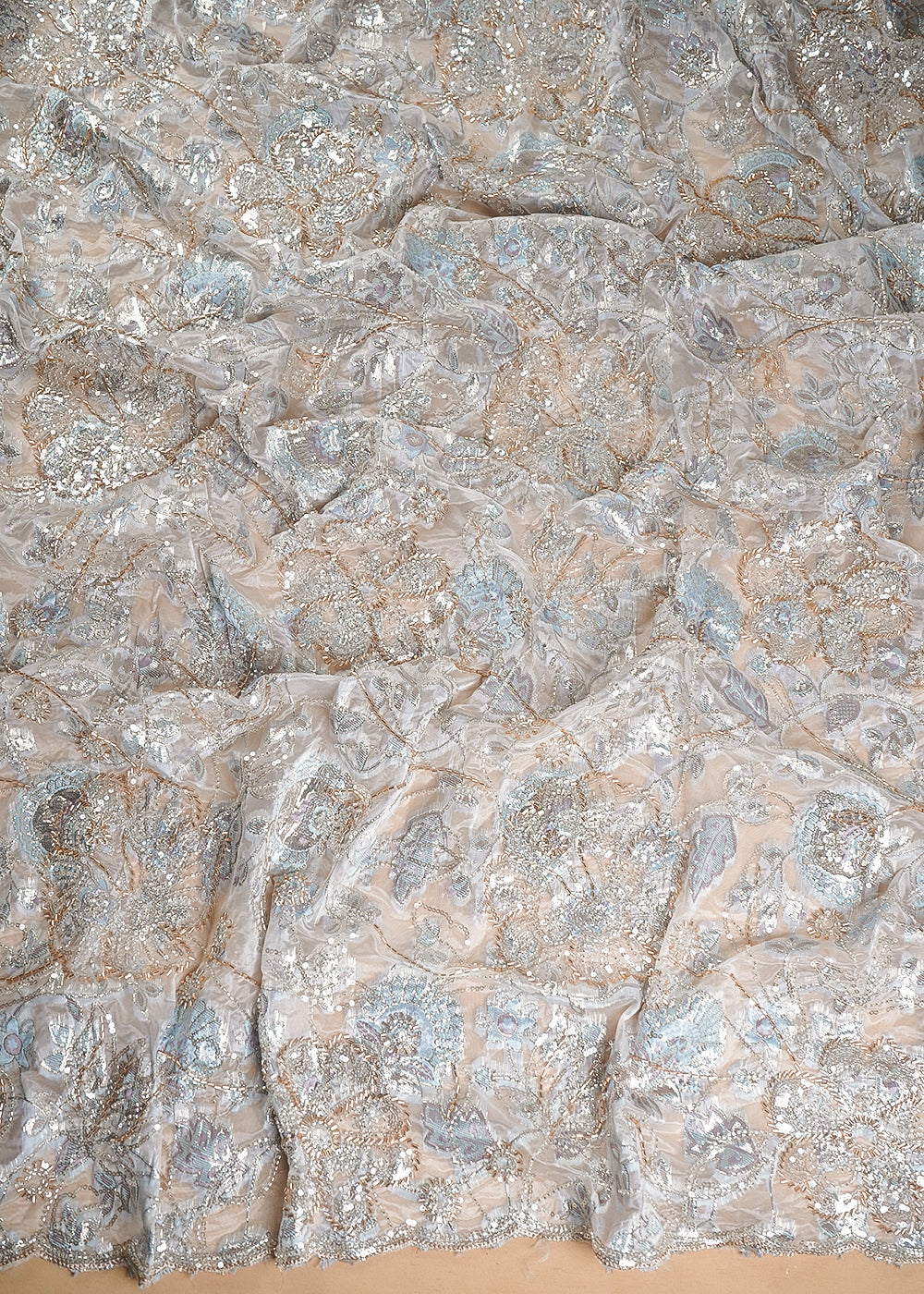 White Organza Fabric With All Over Sequins, Katdana And Bead Work & Grey Foil Work Flowers 24673